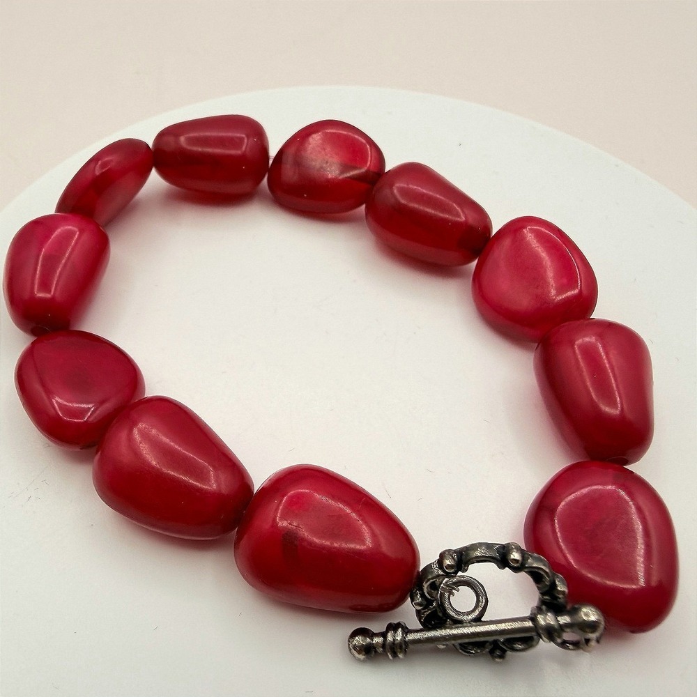 Vintage 90s Red Glass Nugget Bracelet Bold Chunky Statement Boho Fashion Jewelry